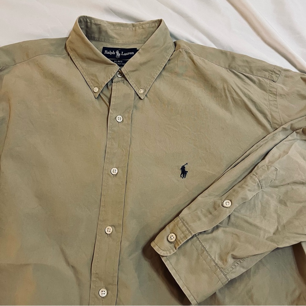 Ralph Lauren Blake long sleeve mens 2 ply cotton khaki shirt navy pony XL